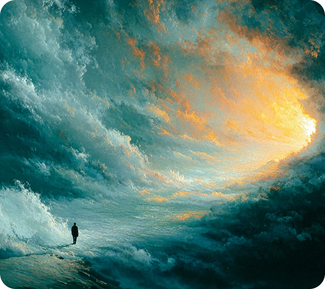 Heavenly scene with a glowing robed figure and surrounding angels.
